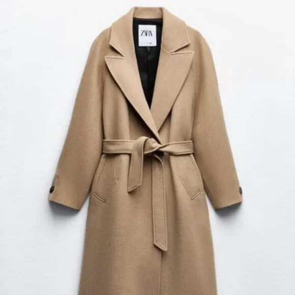 ZARA ザラ WOOL COAT WITH BELT ブラウン Lサイズ ZARA NEW WOMEN BELTED WOOL BLEND COAT TAUPE BROWN Sz M 3057